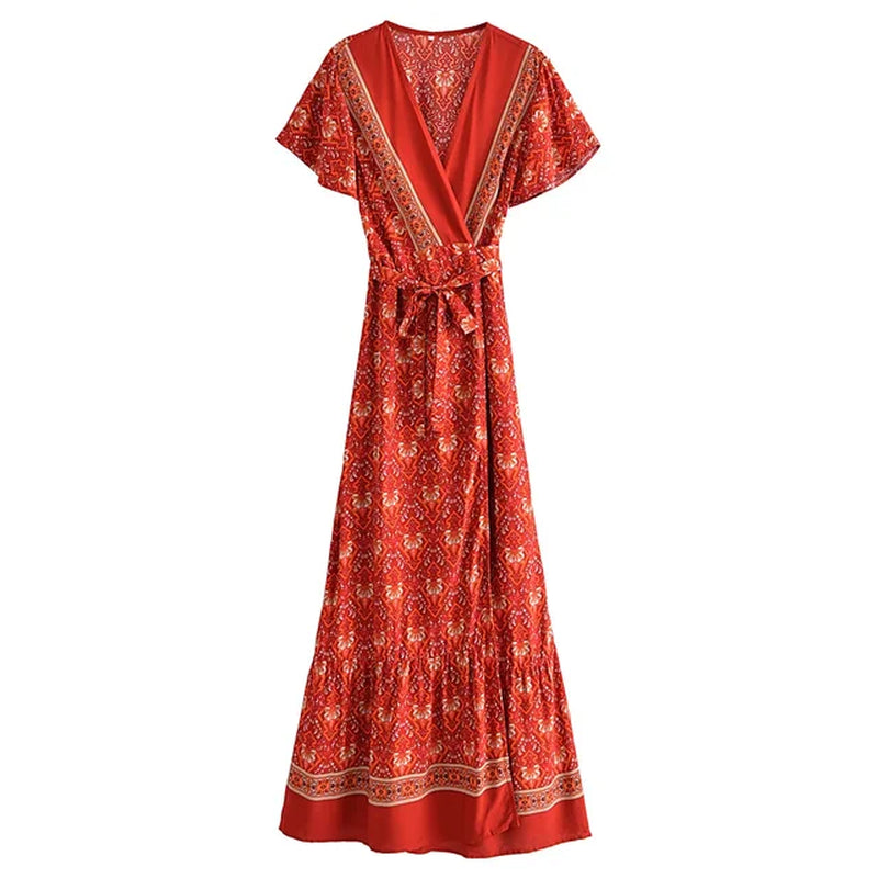 Boho Summer Vintage Red Floral Print Wrap Long Dress 